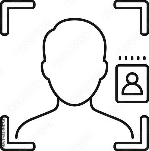 A simple line drawing of a person's head and shoulders with a camera and ID card
