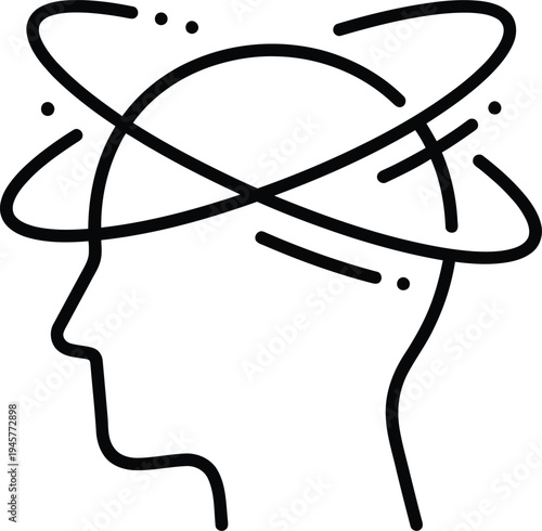 A minimalist line drawing of a person's head with swirling thoughts