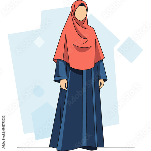 A woman wearing a long blue dress and a red hijab stands alone indoors.
