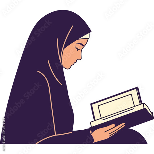 A woman wearing a hijab reads a book in a quiet moment.