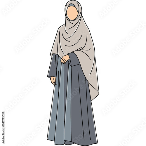A woman wearing a hijab and abaya stands confidently indoors.