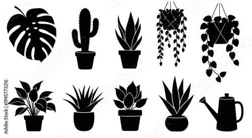 Houseplants and indoor gardening tools silhouette collection for home decor