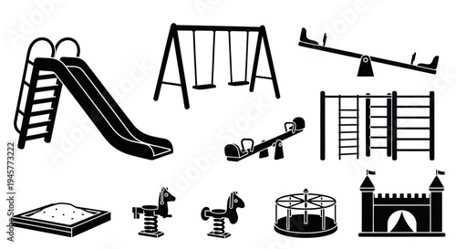 Playground equipment silhouette set for children park and recreation area