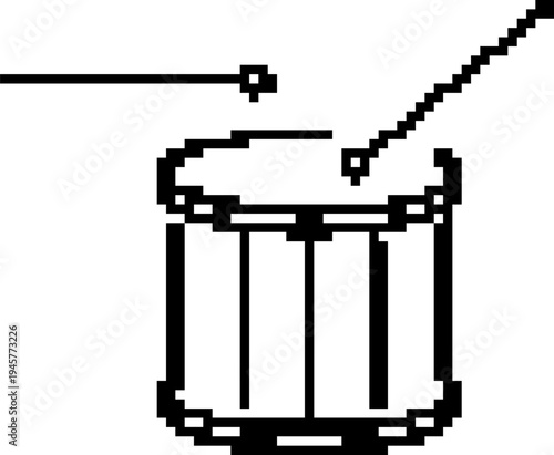 Drum pixel icon, percussion music instrument 8 bit retro game style vector