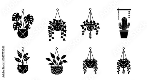 Set of Hanging Indoor Houseplants Black Silhouette Icons Vector Illustration