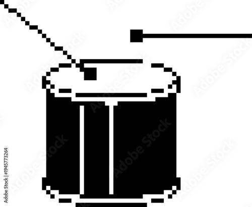 Drum pixel icon, percussion music instrument 8 bit retro game style vector