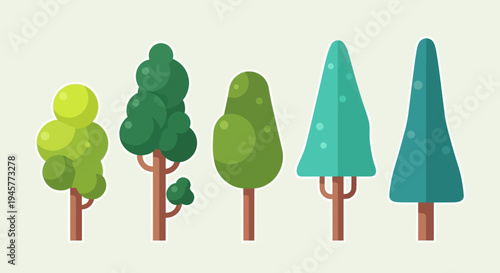 Collection of Tall Green Trees Icons with White Border Sticker