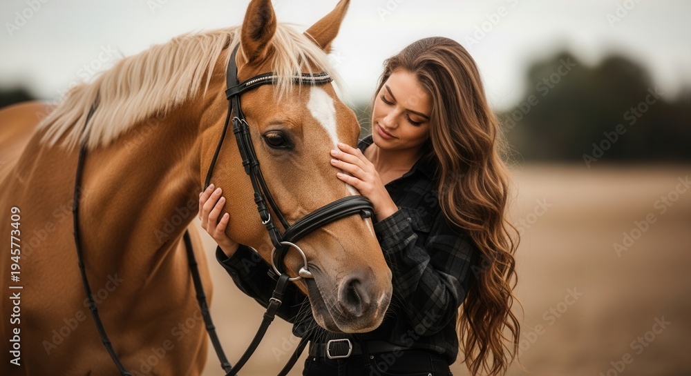 Obraz premium Woman gently touching horse head outdoors