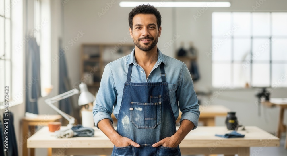 Obraz premium Confident craftsman wearing denim apron in workshop