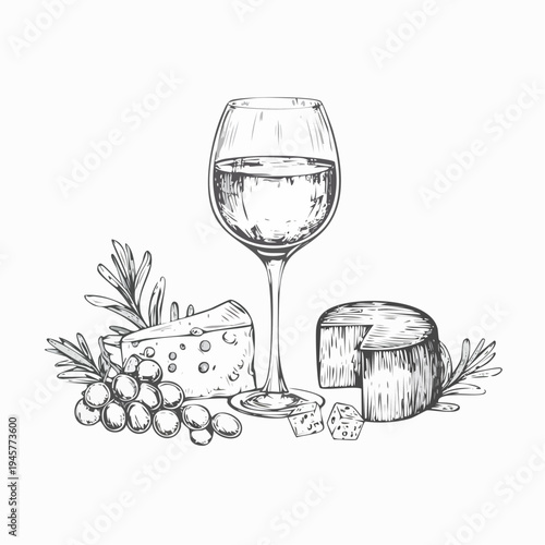 Hand drawn chalk food illustrations. Wedding dinner icons. Wine or champagne glass, cheese, charcuterie drawings for wedding invitations, cafe menus and parties