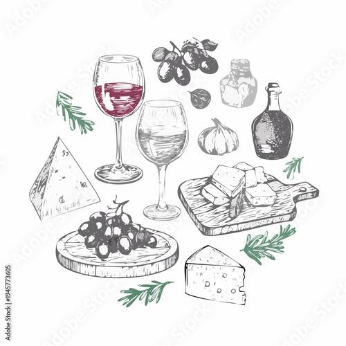 Hand drawn chalk food illustrations. Wedding dinner icons. Wine or champagne glass, cheese, charcuterie drawings for wedding invitations, cafe menus and parties