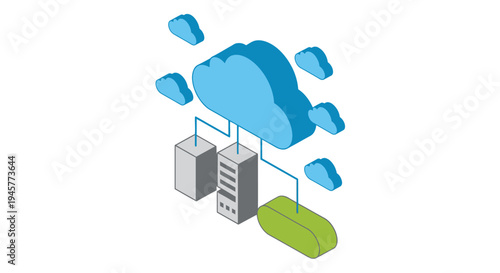 Cloud computing illustration showing data servers and data transfer to the cloud environment