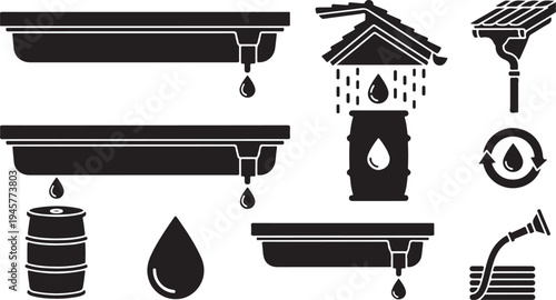 Gutter and downspout system with water droplets icons set