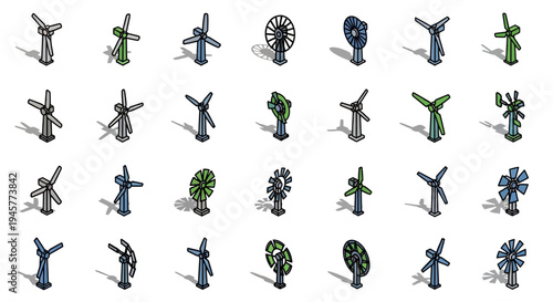 Collection of stylized wind turbines showcasing diverse designs and environmental concepts