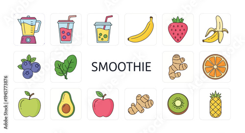 Colorful smoothie illustration featuring fruits, blender, and healthy drink concept