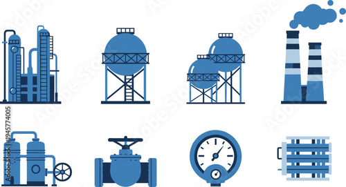 Industrial factory and oil refinery vector icon set featuring fuel tanks, smokestacks, pressure gauges, valves, and manufacturing plant equipment isolated on white.
