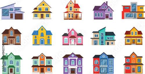 Modern suburban house vector icon set featuring colorful residential homes, luxury villas, and family cottages isolated on white for real estate.