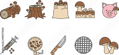 Mushroom cultivation and foraging set with logs stumps harvest bag pig truffle hunter syringe and knife flat vector illustrations isolated