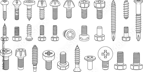Industrial screw and bolt vector icon set featuring various metal fasteners, nails, and hardware equipment for construction and DIY repair projects.