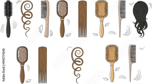 Hair Styling Tools Collection Vector Illustration Set with Wooden Hairbrushes Combs Round Brush Detangler Curl Strand and Hair Care Accessories