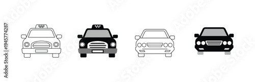 Taxi cab and car front view icon set in line and solid style