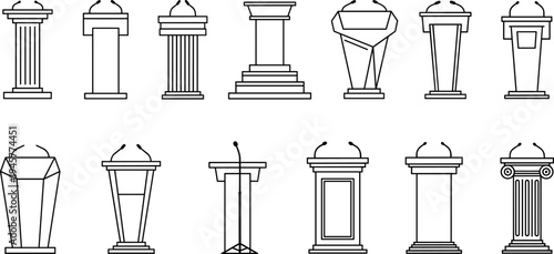 Podium and lectern icon set of black line vector silhouettes for public speaking conference presentation and stage isolated on white