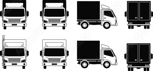 Delivery truck silhouette set isolated on white background, cargo transport vehicle front side rear views, logistics shipping vector collection