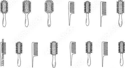 Hairbrush and comb outline icon set vector collection of professional hairstyling tools isolated line art illustration