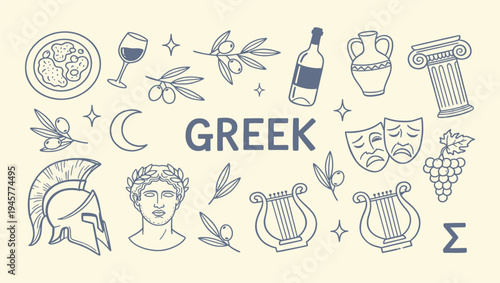 Hand drawn doodle Greek culture elements illustration. Ancient Greece and Sparta doodle icon set vector collection
