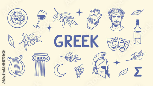 Hand drawn doodle Greek culture elements illustration. Ancient Greece and Sparta doodle icon set vector collection
