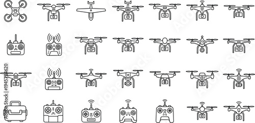 Set of Drone Line Icons Featuring Quadcopters Remote Controllers Aerial Camera Drones and Equipment Outlines for Technology and Photography Design Projects