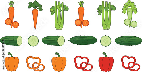 Set of fresh organic vegetable vector icons featuring whole and sliced carrots, cucumbers, bell peppers, and celery stalks for healthy cooking