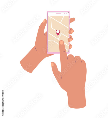 Hands holding smartphone with a location red pin on the map. Interactive map application. GPS navigation concept