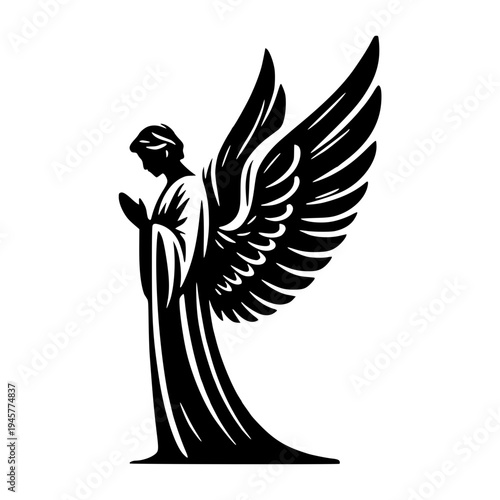 A serene angel silhouette with wings spread wide in a peaceful prayer pose