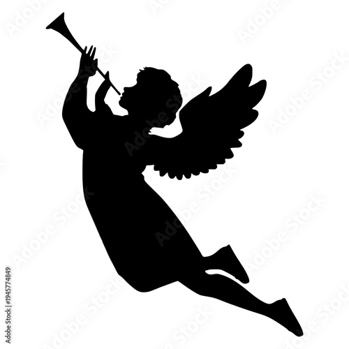 A black silhouette of an angel playing a trumpet in mid-air with outstretched wings