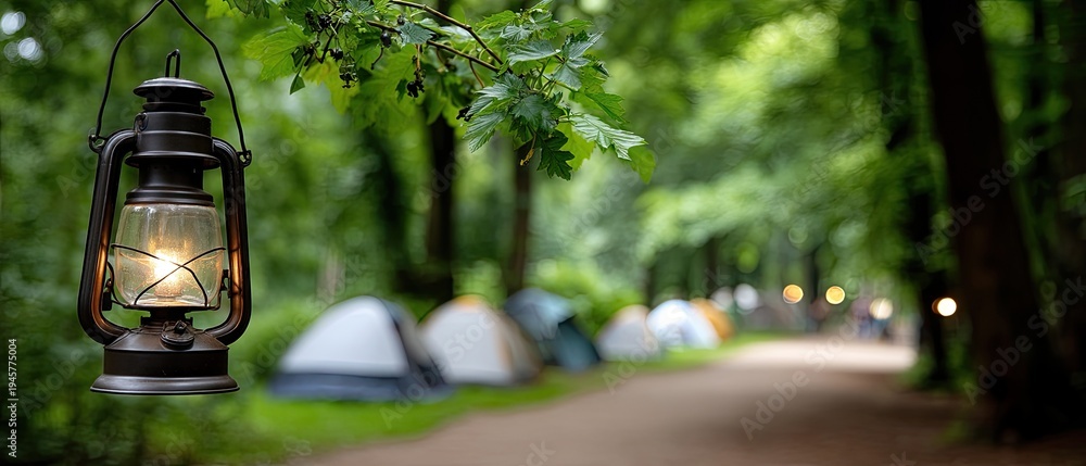 Obraz premium Vintage hanging lamp shines in forest camping area with tents and campers enjoying the night atmosphere