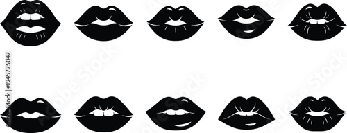 Sexy female lips silhouette vector icon set featuring various mouth expressions, smiles, and teeth isolated on white background for beauty and fashion design.
