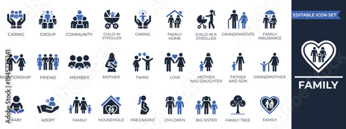 Family solid icon set. Mother, father, grandfather, grandmother, grandparent, children, baby, grandparents, and household. Editable vector icon collection.