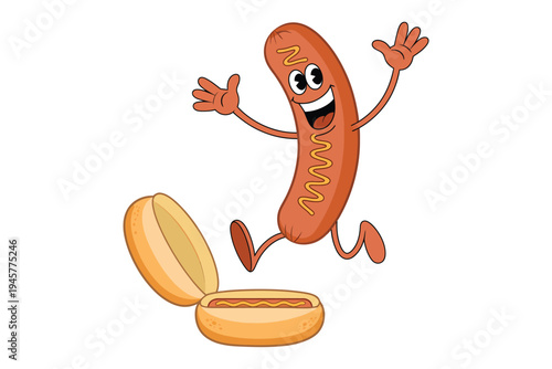 A cheerful cartoon sausage character dances near a prepared hotdog and bun on transparent background high-quality professional detailed modern elegant.