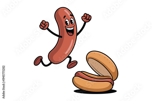 A cheerful cartoon sausage character dances near a prepared hotdog and bun on transparent background high-quality professional detailed modern elegant.
