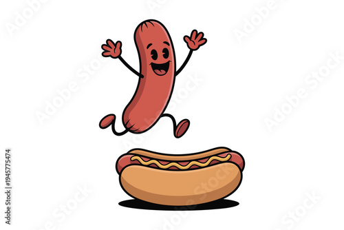 A cheerful cartoon hot dog character jumps towards a fully dressed hot dog ideal for playful designs on transparent background.