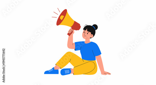 A cartoon illustration of a young woman sitting and holding a megaphone, making an announcement or calling for attention.