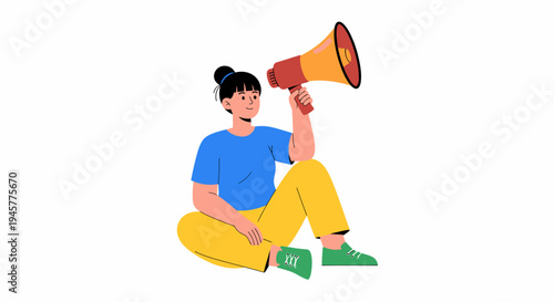An illustration of a young woman sitting on the ground, holding a megaphone and making an announcement or speaking out.