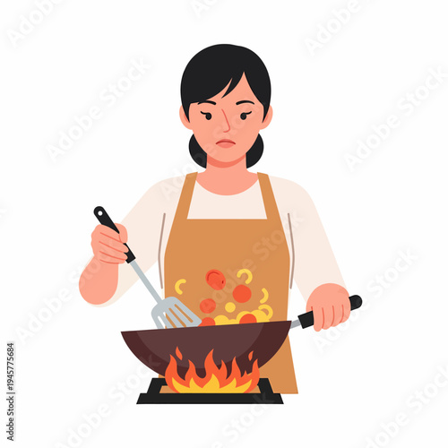 A woman with a serious expression cooking food in a wok on a gas stove.