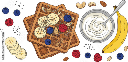 Healthy waffles with banana slices, yogurt, berries and nuts nutritious breakfast vector illustration top view