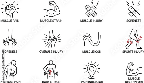 Muscle pain injury icon collection illustration, sports strain discomfort vector, physical health graphic design, medical clipart artwork, rehabilitation symbol resource