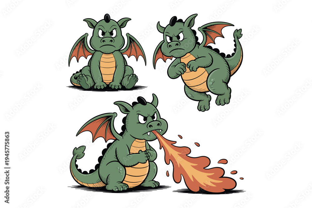 Fototapeta premium Three cartoon green dragons in various poses showcasing expressive faces and vibrant colors on transparent background high-quality professional detailed modern.