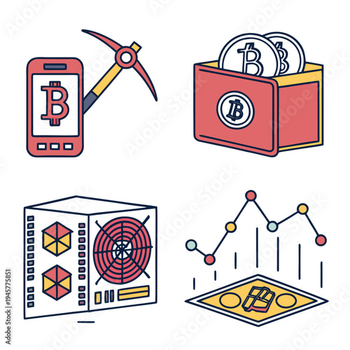 Cryptocurrency bitcoin mining and wallet icons with financial chart