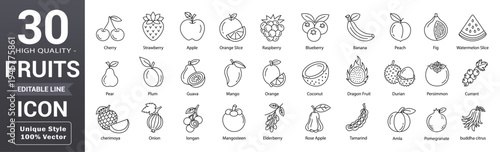 Fruit line icon set. Editable outline with pineapple, apple, mango, cherry, lemon, orange, coconut, watermelon, strawberry, grape, and more collection. Vector illustration.