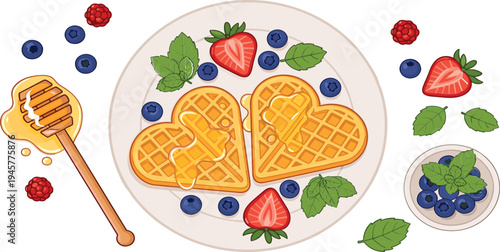 Heart shaped waffles with honey drizzle, fresh strawberries, blueberries and mint romantic breakfast vector illustration